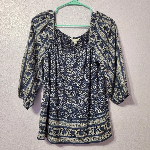Lucky Brand Border Print Women's Peasant Top S - Picture 2 of 7